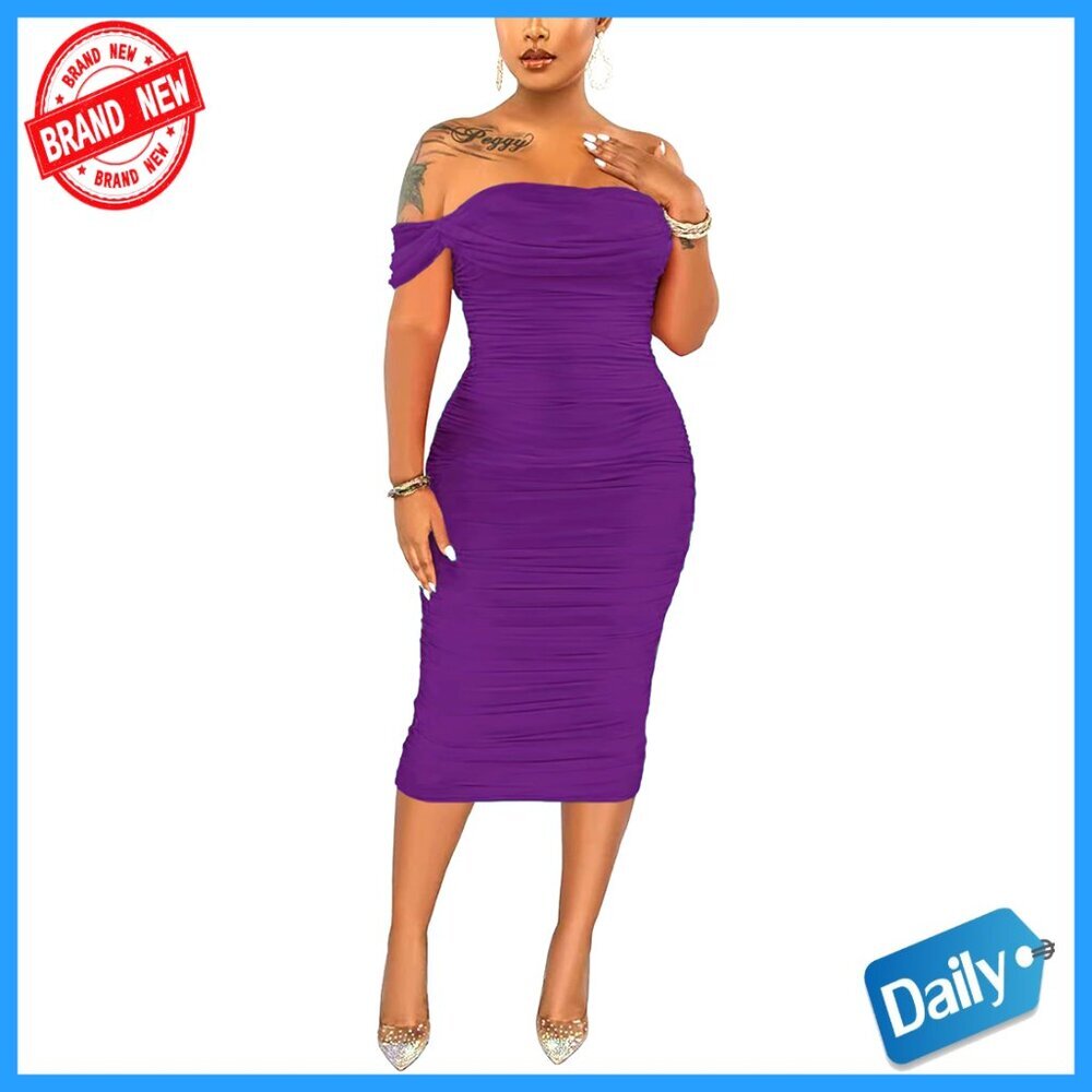 Off Shoulder Ruched Bodycon Midi Dress Elegant Cocktail Evening Party Wear